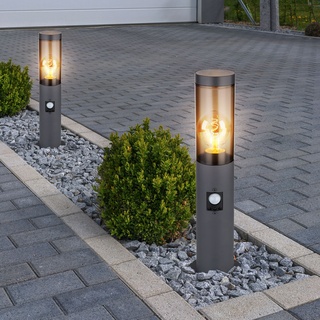 Außenbeleuchtung Standleuchte Sockelleuchte rauch anthrazit Außen mit Bewegungsmelder Garten Stehlampe, Metall Kunststoff, 1x E27, DxH 7,6x45 cm, 2er Set