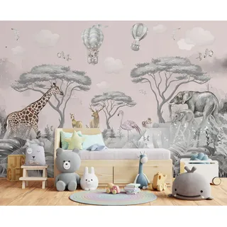 Vlies Fototapete Kinderzimmer 150x105 Cm Dschungel Tiere - Fototapeten Tapeten Für Kinder Mädchen & Jungen - Kindertapete - Kinderzimmertapete Weiß Rosa Wald, Wallarena