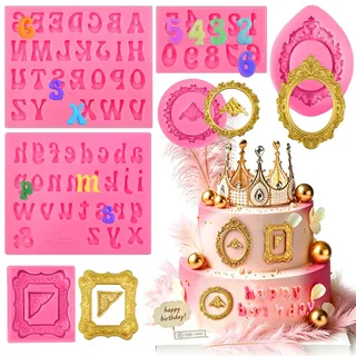 Tazuxetuqe 6 Stück Bildrahmen Silikonformen, Mini Vintage Foto Rahmen Fondant Formen Buchstaben Formen Und Zahlen Formen Set Für Cupcake Topper Schokolade Süßigkeiten