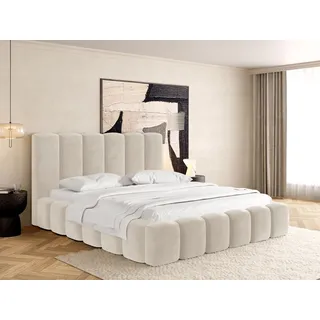 WFL GROUP Polsterbett 200x200 mit Bettkasten und Lattenrost – Weiß Bett mit hohem Kopfteil, Boucle oder Samt Stoff - Modernes Doppelbett mit Stauraum – Bettgestell, ohne Matratze – Serenity - Weiß