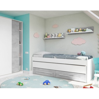 Einzelbett-Bett Fairfield, Bettrahmen für Schlafzimmer, Einzelbett mit ausziehbarem Kinderbett und 2 Schubladen und passendem Regal, 199x96h65 cm,...