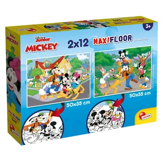 Lisciani - DISNEY Mickey Mouse Puzzle-Set - ab 3 Jahren - Supermaxi 2 x 12 Teile Double Face Legespiel - Inklusive Ausmalbilder - Format 50 x 35 cm - Lernspiel für Kinder und Disney Klassik Fans