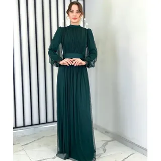 fashionshowcase Tüllkleid Damen Abendkleid Maxilänge Abaya-Stil - Modest Mode vollständig blickdicht & bedeckt grün 36(EU 34)