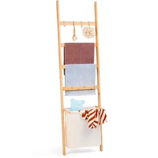 Handtuchleiter Bambus mit Wäschekorb & 4 Haken – Freistehender Handtuchhalter Leiter, Badetuchhalter mit Aufbewahrungskorb für Badezimmer, Handtuchständer Holz Naturholzfarbe 170x43 cm