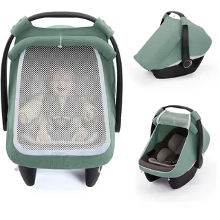 Sonnenschutz Babyschale mit Sichtfenster, 2-in-1 Muslin Bezug mit UV Schutz 50+, Insektenschutz & Stilltuch, Passend für Maxi Cosi, Cybex, Joie – Für Babyschale, Kinderwagen, Fahrradanhänger (grün)