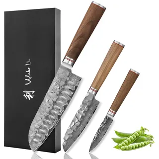 Wakoli Nussbaum Exklusives 3er Messerset – Premium Damast Santoku Messer, Kleines Santokumesser & Officemesser – Hochwertige Kochmesser mit 67 Lagen echtem Damaststahl & Walnussholzgriff – Profi Küche