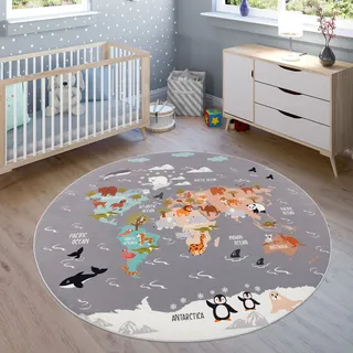 Paco Home Teppich Kinderzimmer Kinderteppich Tier Welt Motiv rutschfest Grau Blau Braun, 200 cm Rund
