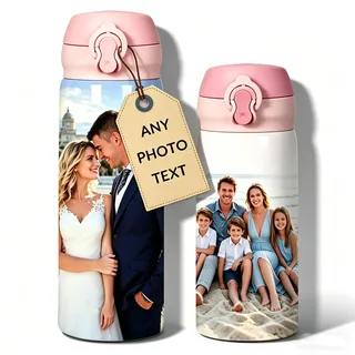 Personalisierbare Trinkflasche mit Foto & Text – 500ml/400ml Edelstahl Vakuumflasche, Druckknopfdeckel, Vollflächenbedruckung, Geschenk für Frauen, Thermobecher für Fitness Büro Reise (02)