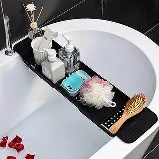Badewannentablett, Badewannentabletts für die gesamte Badewanne, Verstellbarer Badewannen-Organizer, Ablagetablett, Badewannentablett, weiß/schwarz, Badewannenablage für Wein, Tasse, Seifenschale