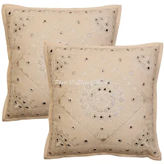 Stylo Culture Indische Dekorativ Baumwolle Couch Kissenbezüge 40x40 cm Beige Dekokissen Bestickt Schlafzimmer Sofa Kissen Bezüge Gespiegelt Quadrat Umschlagverschluss 16x16 Inch Kissenhullen - 2 STK.
