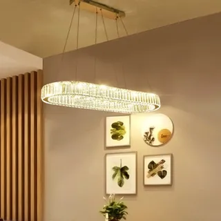 JMrider LED Pendelleuchte K9 Kristall Hängeleuchte Einfach Moderne Kronleuchter Edelstahl Dimmbar Mit Fernbedienung Höhenverstellbar Pendellampe Für Schlafzimmer Wohnzimmer Esszimmer Hängelampe,90cm