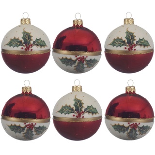 Decoris season decorations Weihnachtsbaumkugel, Weihnachtskugeln Glas mit Motiv Mistelzweige 8cm rot / weiß, 6er Set rot