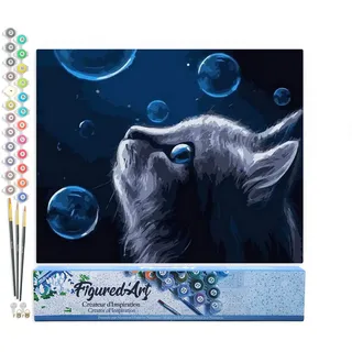 Figured'Art Malen Nach Zahlen Erwachsene Katze und blaue Blasen - Paint by Numbers Basteln DIY Bastelset 40x50cm ohne Holzrahmen