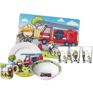 Ritzenhoff & Breker Kinder-Set Feuerwehrmann Bernie 7-teilig, Porzellan-Kindergeschirr mit Schale Becher Teller, Kindergläser 205 ml, Platzset 45 x 30 cm, Gedeckter Kindertisch mit Helden-Motiven