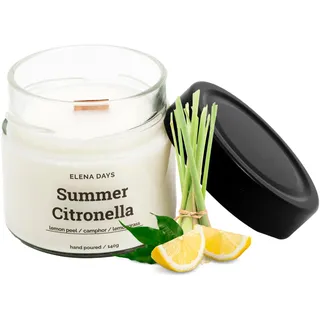 Duftkerze Summer Citronella, Citronella duft, 100% Sojawachskerze, Kerze mit Holzdocht, 140 gramm, Brenndauer 45 Stunden, stark duftend, nachhaltige kerze, kerze im glas, Elena Days