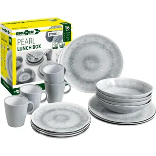BRUNNER Melamin Ess Geschirr Set Lunch Box 16-Teilig Camping Reise Teller Becher Stonetouch Pearl