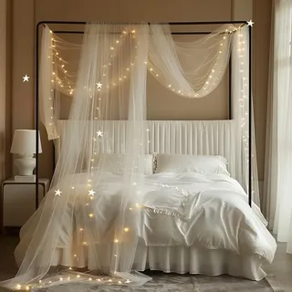 Himmelbett Vorhänge mit Sternenlichtkette, Organza Stoff Hochzeit Vorhang Weiß Fenster Deko Tüllstoff Meterware Transparent für Betthimmel Doppelbett Hochzeit Traubogen Boho deko (29.5x228 led)