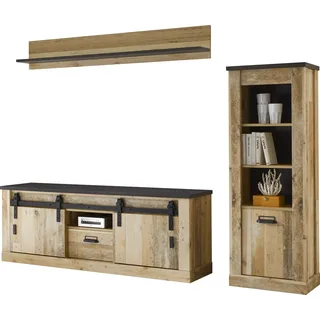 Home Affaire Wohnwand Sherwood, Anbauwand im Industrial-Style, Komplettset, Wohnzimmer-Set, (3-St), enthält Regal, Lowboard &Wandboard, Scheunentorbeschlag Apothekergriff braun