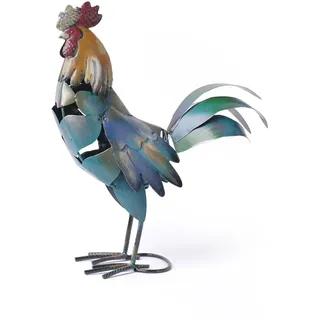 HAUCOZE Hahn Skulptur Figuren Metall Dekor Tier Geschenk Modern Kunst 39cm | Bunte Rustikal Statue Handgefertigtes Arts Fest Feiertag Ornament für Garten Terrasse Wohnzimmer