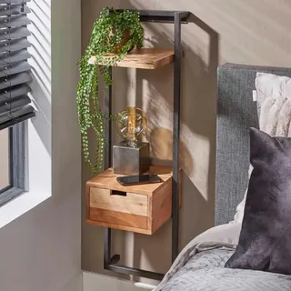 RINGO Living Massivholz Nachttisch 2 Ablagen & Schublade 100cm, Akazie Stauraum Nachttisch Industrial Style, Vintage Used Look Holz Metall Echtholz