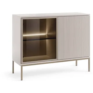 KONSIMO® Kommode FONTE Türkommode, Sideboard, hergestellt in der EU (Breite 104 cm, getönte Glastüren), Metallgestell 20 cm, geriffelte Fronten, mit LED-Beleuchtung braun