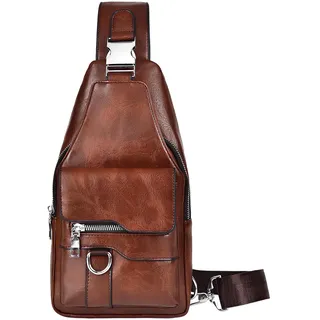 Hnonoxy Sling Bags Brusttasche Herren-Schultertaschen Crossbody Umhngetasche Schultertaschen Crossbody Taschen PU-Leder Wasserdichte Casual Chest Taschen für Wandern Radfahren Camping (DunkelBraun) - 30 x 15 x 6 cm