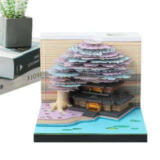 Aizuoni 3D-Papier-Tischkalender - 2024 LED-Kalender,3D Memo Pad Papier Kunst Baum Kreative 3D Notizblock Papier Schnitzen Geschenk Desktop Dekoration, Rosa Baumhaus