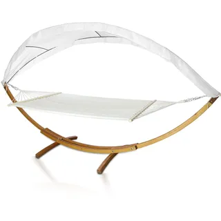 Ansobea 410cm Hängematte XXL mit Gestell und Sonnendach, Liegefläche 200x150 cm, Hammock aus wetterfestem Lärchenholz, bis 200kg, Stabhängematte für 2 Personen Outdoor und Indoor