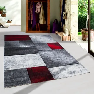 SIMPEX Teppich 240x340 cm XL Kurzflor Konturenschnitt in Rot Grau Weiß Kariertes Design, Extra Weich, Waschbar, Pflegeleicht Für Großes Wohnzimmer oder Esszimmer