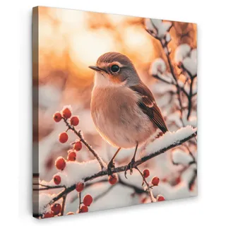 LEINWANDBILD Vogel - Zweig - Winter - Tiere - Schnee Deko Groß 90x90 cm