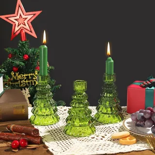 Joeyan Weihnachten Kerzenhalter, 3er Set Weihnachtsbaum Teelichthalter Glas | Grün Kerzengläser, Weihnachtsdeko Windlicht Innen, Kerzenständer für Xmas Tischdeko Esstisch Party Geschenk Adventsgesteck