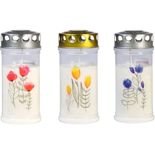 JEKA Gedenk-Kerze - Grabkerzen mit Motiv 3er Set Blütezeit aus 100% Pflanzenöl und bis zu 4 Tagen Brenndauer