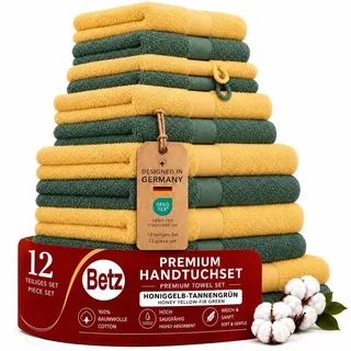 Betz Premium Handtuch-Set 12-teilig – 100% Baumwolle – Oeko-TEX® Zertifiziert – 470 g/m2 – 2 Duschtücher, 4 Handtücher, 2 Gästetücher, 2 Seiftücher & 2 Waschhandschuhe - Farbe honiggelb/tannengrün