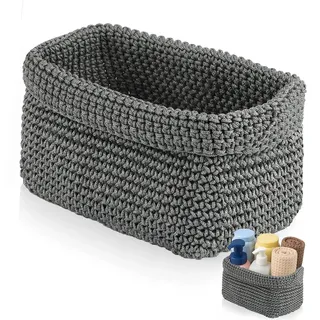 Aufbewahrungskorb Grau, Handgewebter Häkelkorb aus Baumwollseil, Stylischer Strickkorb für Deko, Bad Körbchen, Handtuchkorb für Handtücher, Kosmetik, Spielzeug und Bücher (21 × 13 × 15,5 cm)