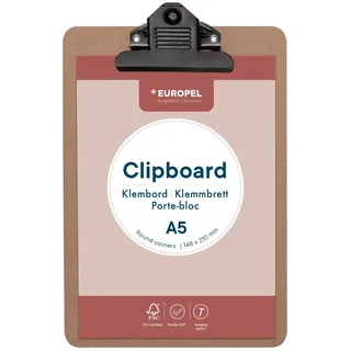 Holz Klemmbrett A5 Hochformat, MDF 3 mm, schwarzer Metallclip 75 mm | 230 x 160 mm, 100 g, abgerundete Ecken, Aufhängeöse, nur Innenbereich, für Klassenzimmer, Büro, Geschäft, Restaurant