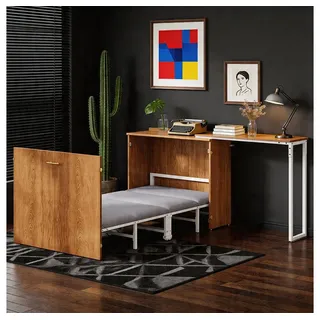 OKWISH Funktionsbett Gästebett Holzbett (90x200 cm Klappbett mit Matratze und drehbarem Schreibtisch, platzsparendes Schrankbett auf Rollen), Inklusive Matratze beige