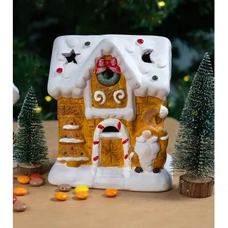 Keramik LED-Haus Lebkuchenhaus 14 x 16cm Weihnachtsdeko Tisch-Deko Dekofigur