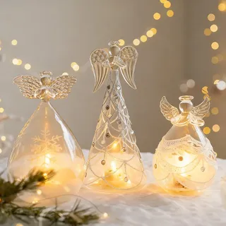 Weihnachtsdeko Engel Figur mit LED Licht, Weihnachtsdeko Tisch Figuren Glas, LED Weihnachtsengel Beleuchtet Batterie, Weihnachten Deko Engel Figuren Beleuchtung, Schutzengel Engelfiguren Klein (Set)