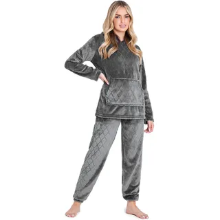 CityComfort Schlafanzug Damen Lang mit Kapuze, Pyjama Damen Set aus Flauschigem Fleece, Geschenke für Frauen & Teenager - S
