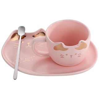 Nobranded Nette Tee Keramik Kaffee mit und Unter Set, Geschenk für Katze Liebhaber - Rosa