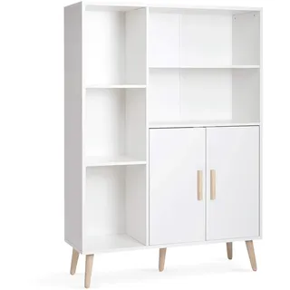 Mondeer Sideboard 5 offene Fächer + 2 Türen, weiß, 85x30x120 cm | Holzregal, vielseitig. Offene Fächer für Deko & Bücher, Schrank für Ordner. Für Wohnzimmer, Flur, Küche. Platzsparend.