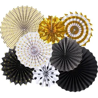 Famanu Papierfächer Dekoration Set - Schwarz-Gold, 8-teilig