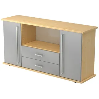 bümö Sideboard office Sideboard mit 2 Schübe & 2 Türen, Dekor: Ahorn/Silber - Griffe: Chromgriff braun|silberfarben