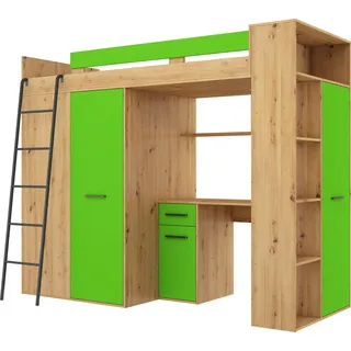 Hochbett mit Schreibtisch, Kleiderschrank und Bücherregal - Loftbett für Kinder - Komplettes Möbelset 236x120x190 cm - 90x200 cm Bettgröße - Linke Leiter - VERANA - (Eiche Artisan/Grün)
