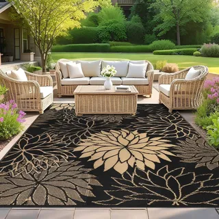 SHACOS Outdoor Teppich Wetterfest, Wendbarer Vorzeltteppich UV-Beständig, Balkon Teppich Leicht Kunststoff, für Camping Wohnmobil Garten Terrassen, Blumen Schwarz Gold, 180 x 270 cm