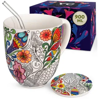Yang Chai Becher 900ml, große Teetasse - Jumbotasse Geschenkset mit Untersetzer, Pozellan, Kaffeetasse, Riesentasse, Jumbo Tasse