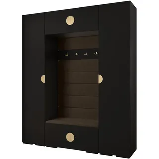 Abiks Möbel Garderoben-Set, Schwarz, Braun, Gold, Holz, Nachbildung, 2-Sitzer, 10 Fächer, 200x236.7x47 cm, Garderobe, Garderoben-Sets & Serien, Garderoben-Sets