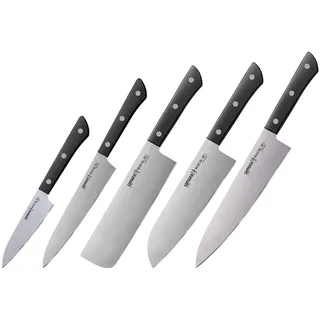 SAMURA Harakiri Profi Messer XXL Geschenk Set Ultra-scharf, AUS 8, Gemüsemesser, Allzweckmesser, Nakiri-Messer, Santoku-Messer, Kochmesser, schwarzer Griff (Schwarz)