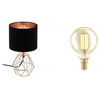 EGLO Nachttischlampe Carlton 2, Deko Tischlampe Vintage & E14 LED Lampe, Amber Vintage Glühbirne, Globe Leuchtmittel