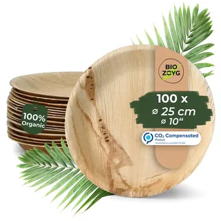 BIOZOYG 100 Stück Einwegteller Ø 25cm Palmblatt-Teller, rund, biologisch abbaubar, umweltfreundlich, kompostierbar, wiederverwertbar, Wegwerfteller